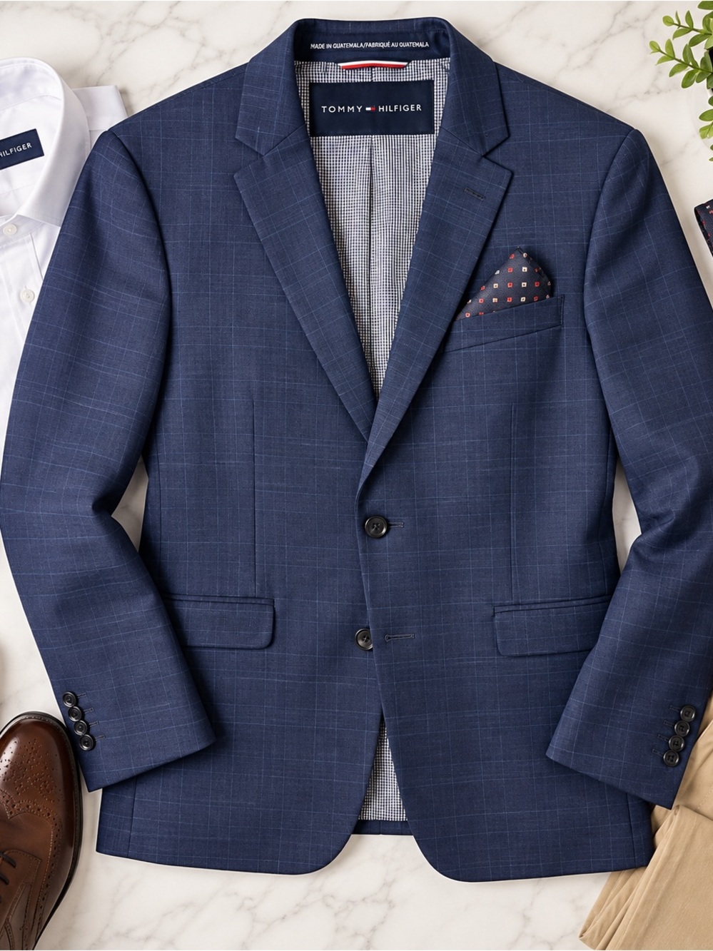 Tommy Hilfiger Men’s Navy Windowpane Plaid Blazer Sport Coat Two Button